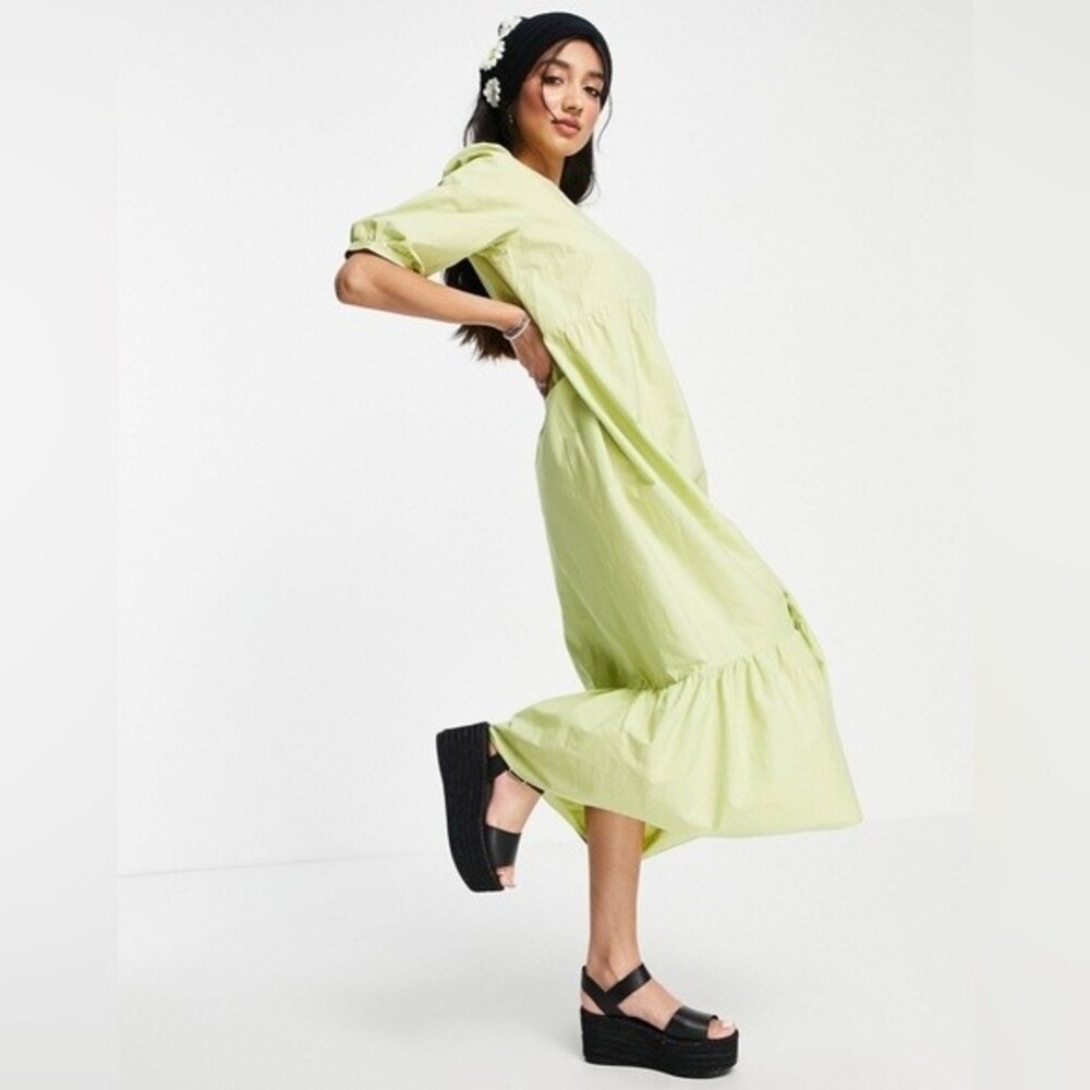 Lumina poplin button up midi dress in lime green